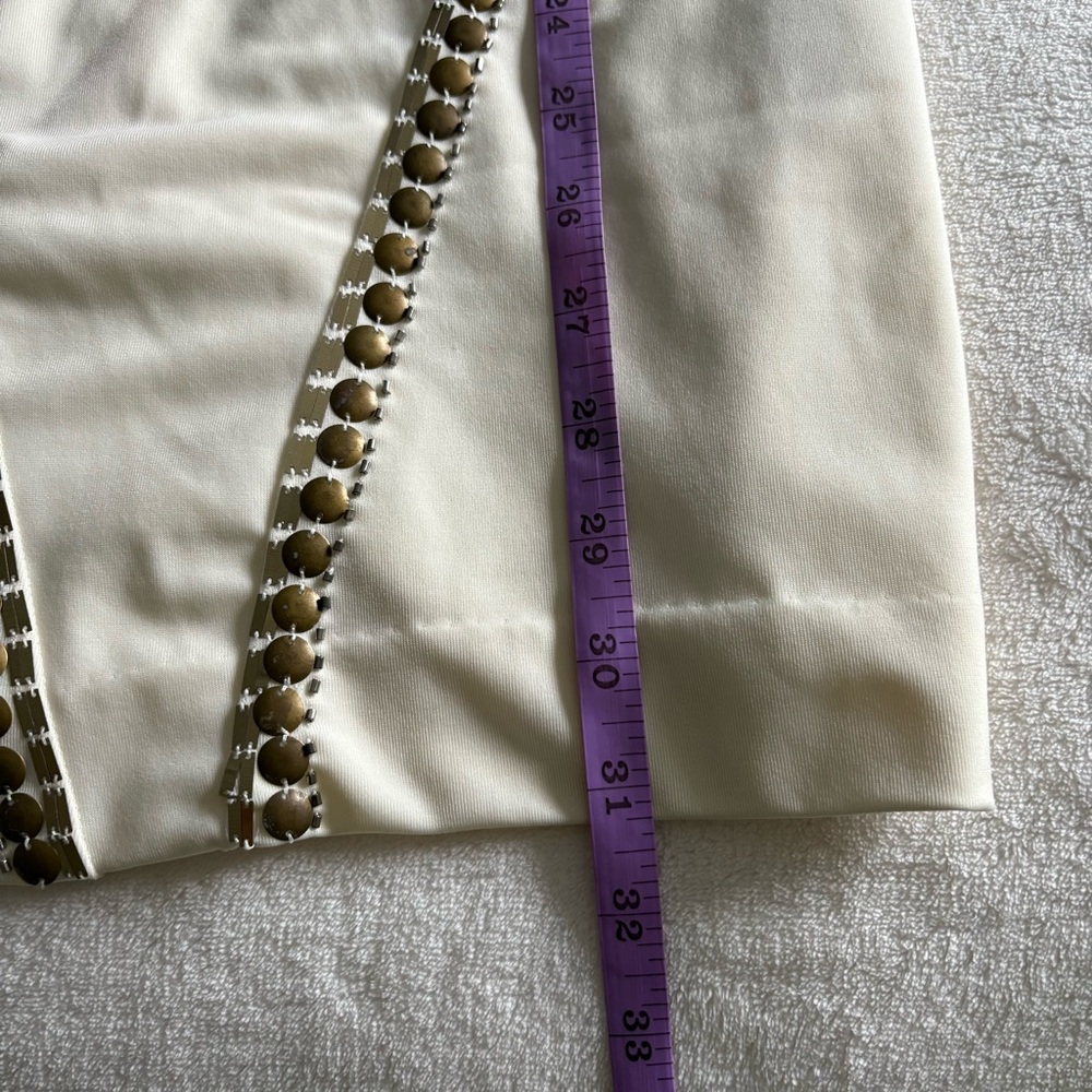 Bebe Cream Bodycon Sleeveless Mini Dress with Gold Studs & Sequins - Sexy Party - Picture 15 of 16